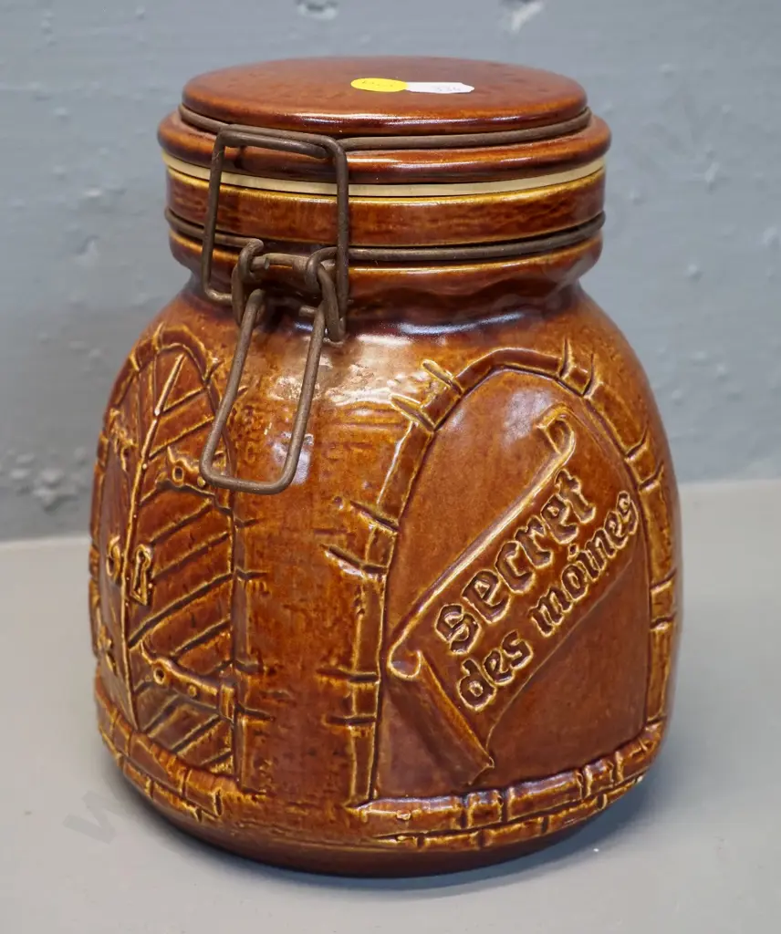 vintage West German Pottery Bay Pottery monk canister, also marked 'Secret Des Moines' w/rubber seal H190 Image 1++