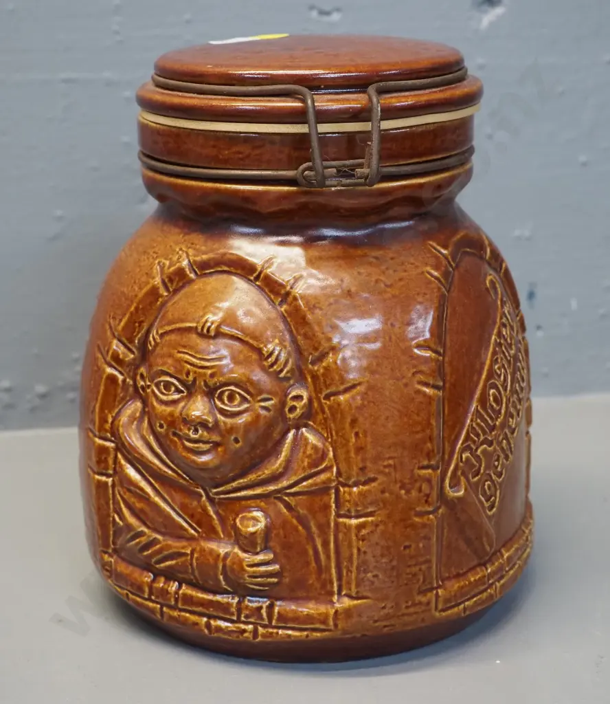 vintage West German Pottery Bay Pottery monk canister, also marked 'Secret Des Moines' w/rubber seal H190 Image 1++