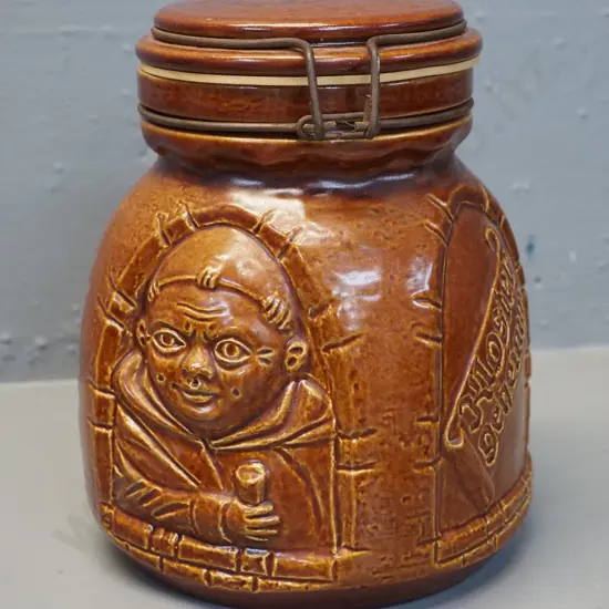 vintage West German Pottery Bay Pottery monk canister, also marked 'Secret Des Moines' w/rubber seal H190
