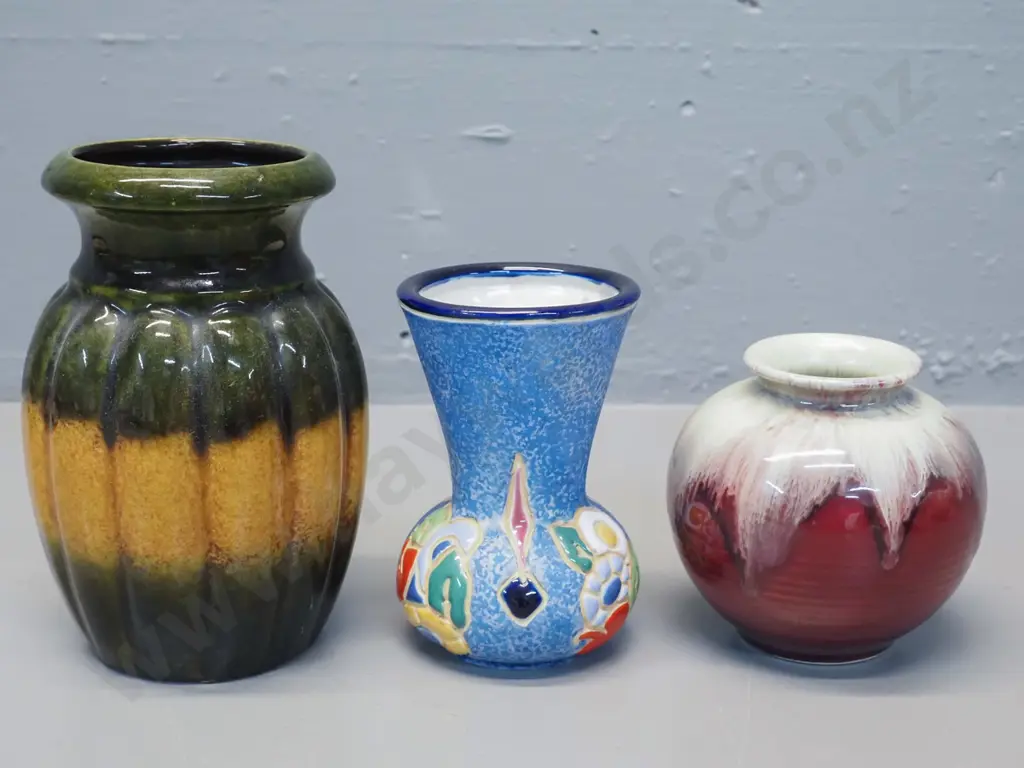 2 German pottery vases and a small Amphora vase - tallest is H-155 Image 1++