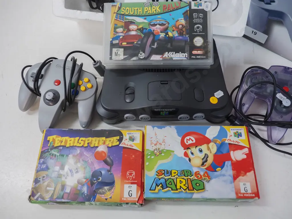 Nintendo 64 game with 2 controllers, rumble pak & 3 games - Super Mario, South Park Rally, Tetrisphere Image 1++