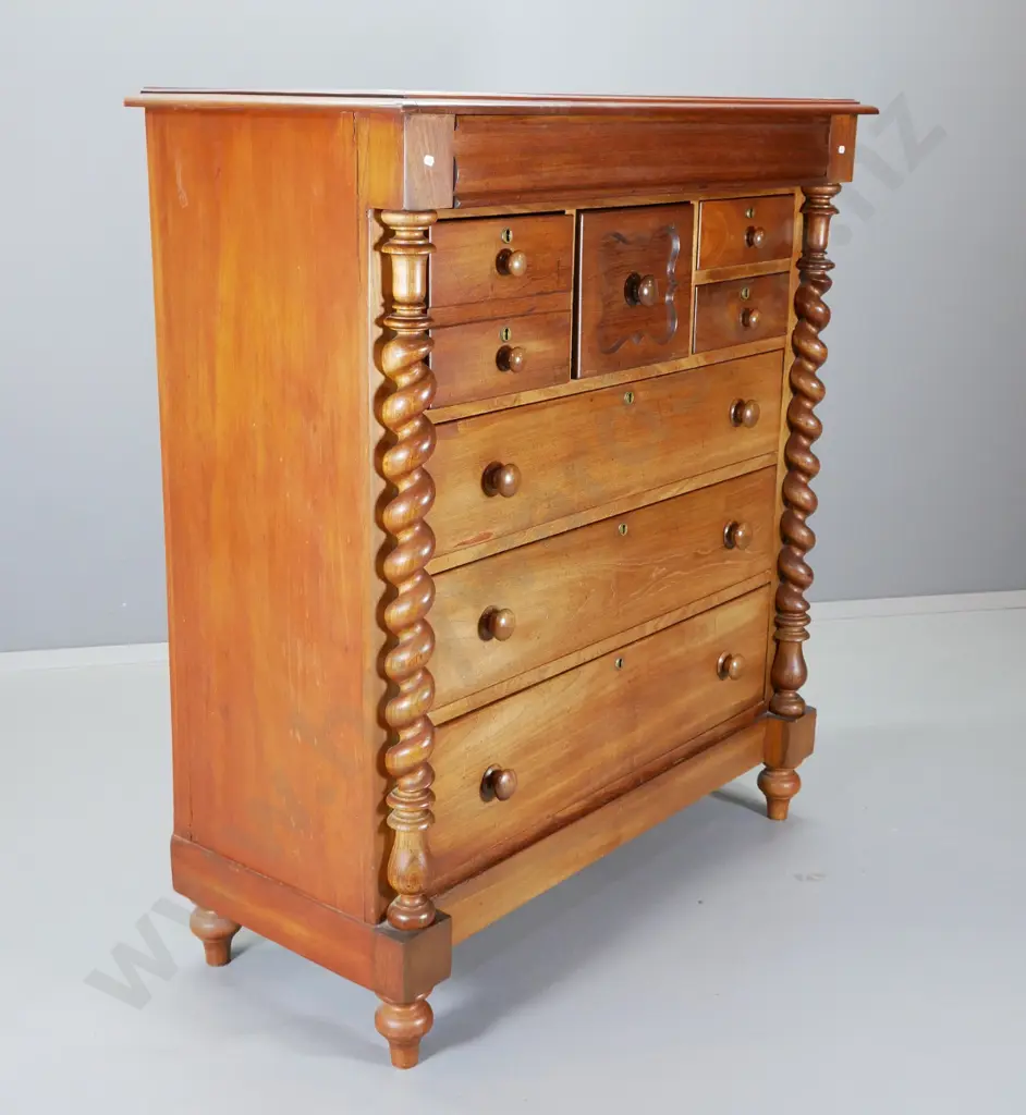 antique walnut 8-drawer Scotch chest with Jacobean twist columns - split to one end H-1390 W-1220 D-550 Image 1++