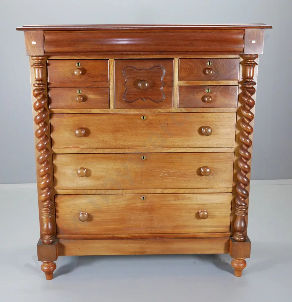 antique walnut 8-drawer Scotch chest with Jacobean twist columns - split to one end H-1390 W-1220 D-550 Image 1++