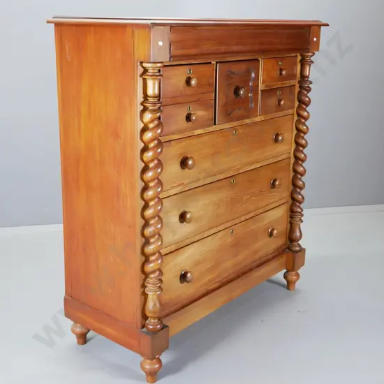 antique walnut 8-drawer Scotch chest with Jacobean twist columns - split to one end H-1390 W-1220 D-550