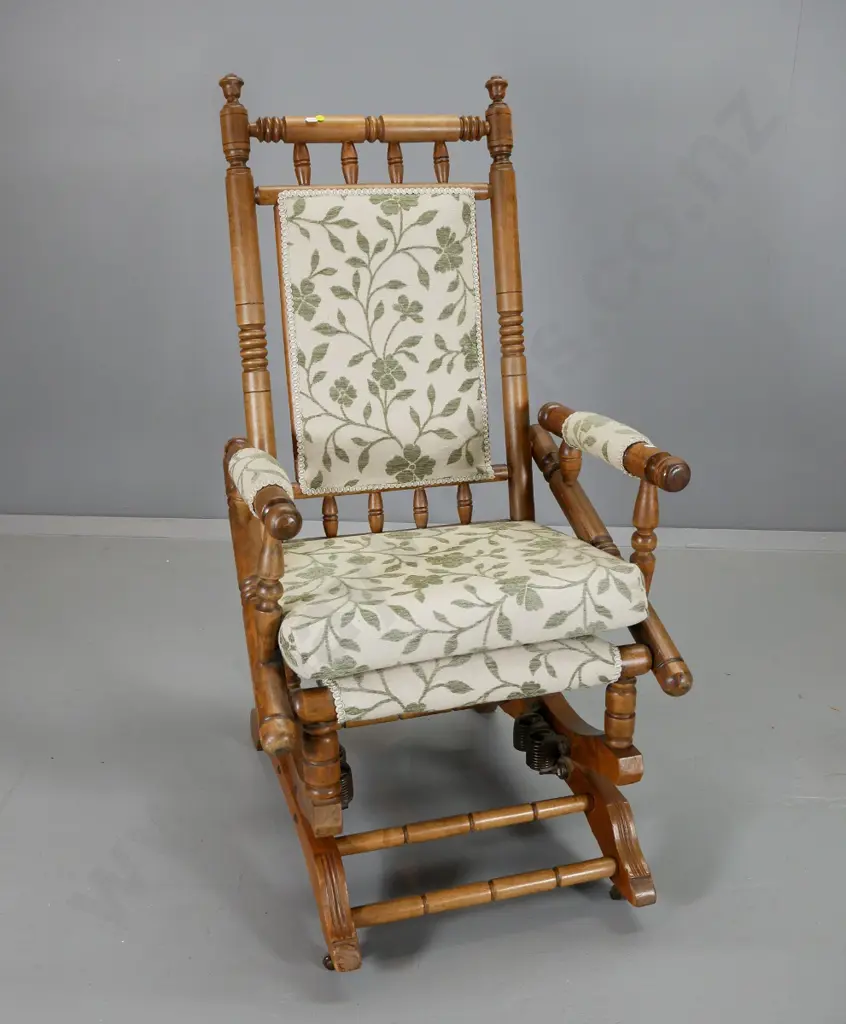 vintage Dexter cotton reel rocking chair w/patterned chenille upholstery H1100 W560 D570 Image 1++