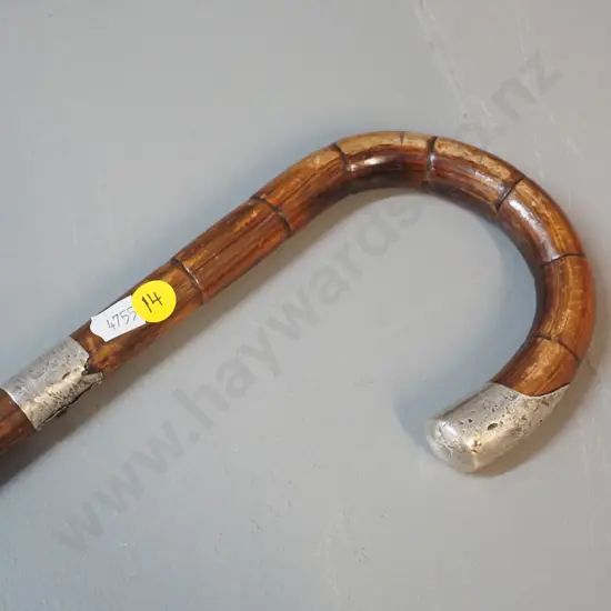 silver-mounted cane walking stick - probably sterling, silver in very worn condition L-870