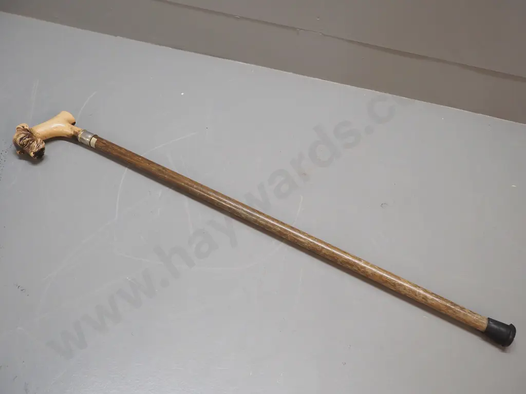 timber walking stick with silver ring and faux bone dog-themed handle - polish needs a bit of work L-830 Image 1++
