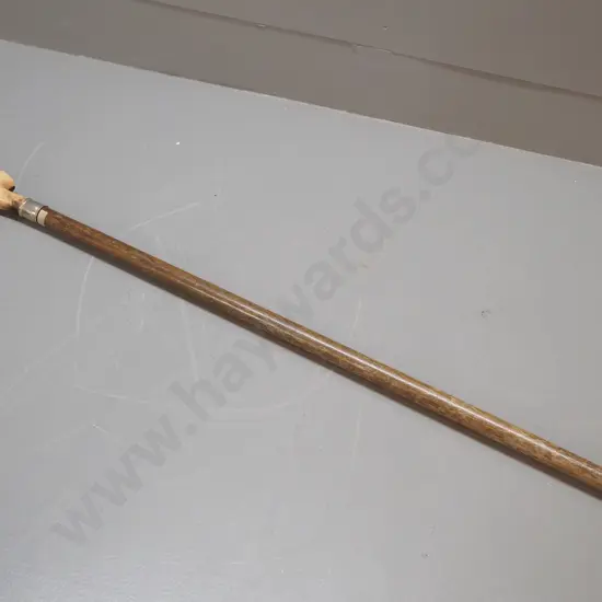timber walking stick with silver ring and faux bone dog-themed handle - polish needs a bit of work L-830
