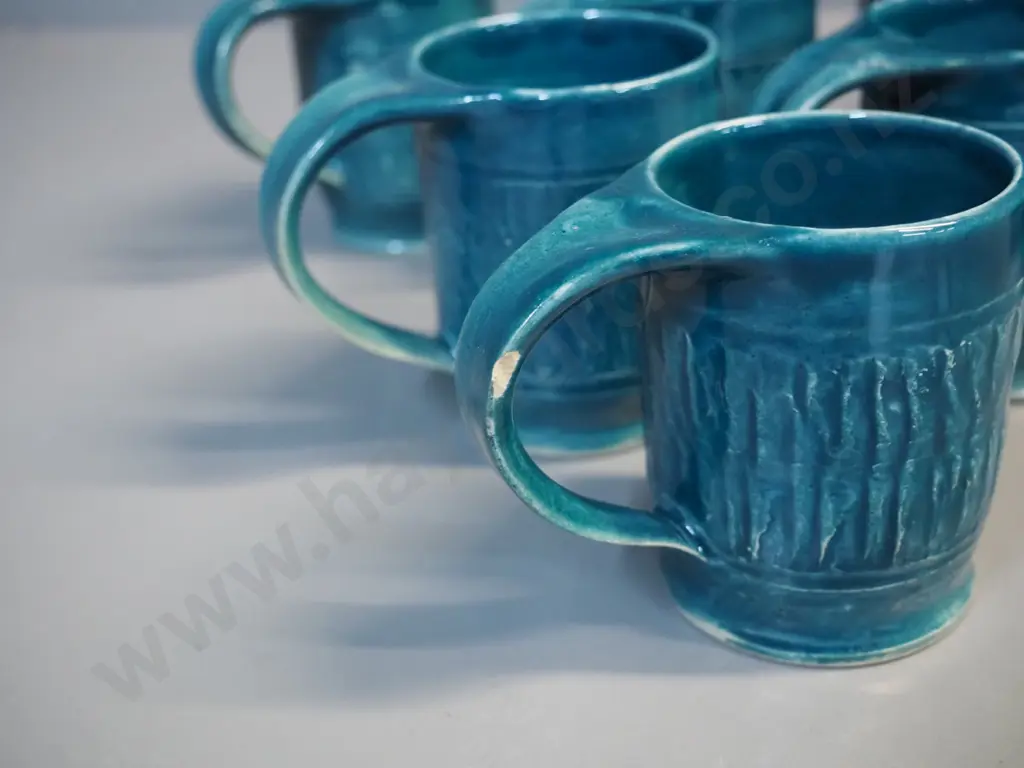 Paul Walshe Tauranga studio pottery coffee set - only 5 mugs, small chips to handles of jug & 1 mug. Coffee pot H-220 Image 1++