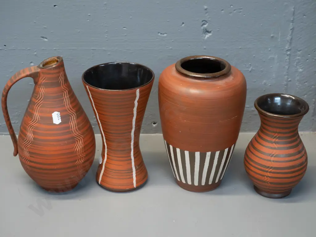 4 German pottery vases - one handled w/incised pattern. Largest is H-200 D-130 Image 1++