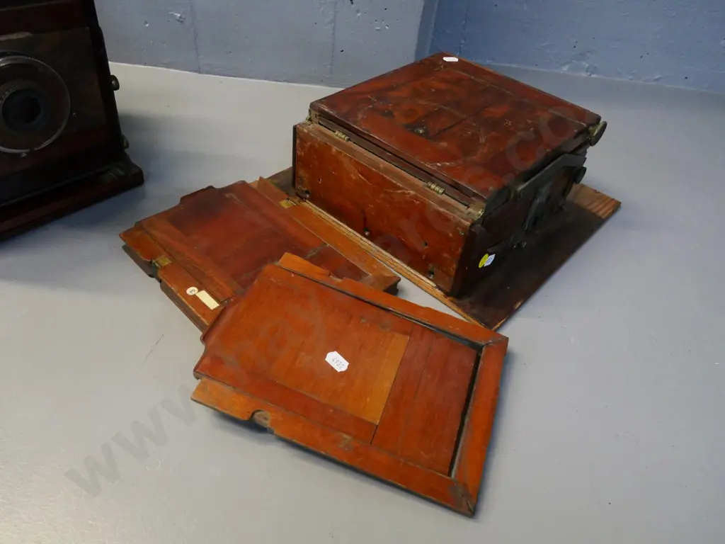 2 antique plate film cameras - one in restorer's condition, no lens, other has 285mm lens in Kodak Supermatic shutter Image 1++