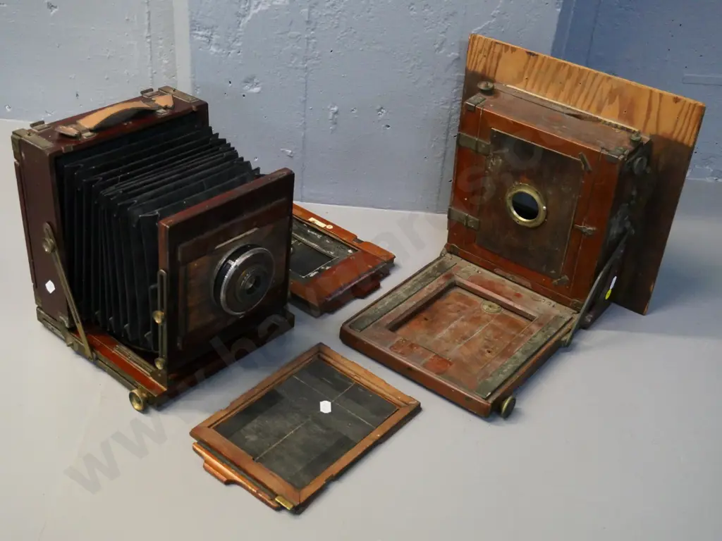 2 antique plate film cameras - one in restorer's condition, no lens, other has 285mm lens in Kodak Supermatic shutter Image 1++
