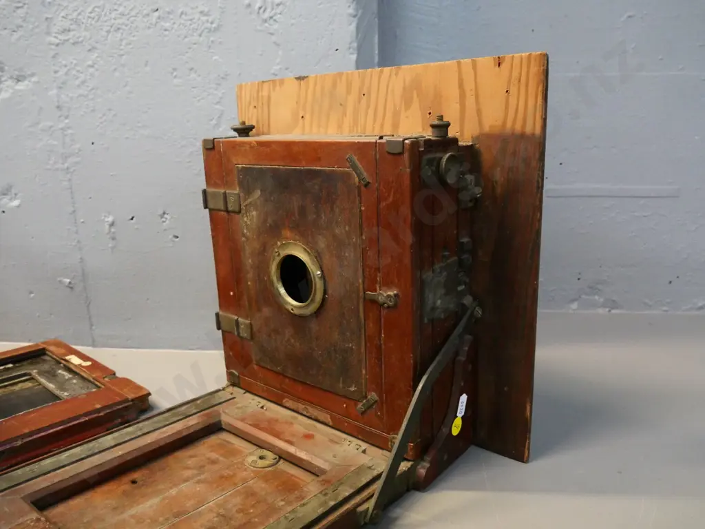 2 antique plate film cameras - one in restorer's condition, no lens, other has 285mm lens in Kodak Supermatic shutter Image 1++