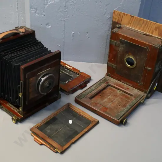 2 antique plate film cameras - one in restorer's condition, no lens, other has 285mm lens in Kodak Supermatic shutter