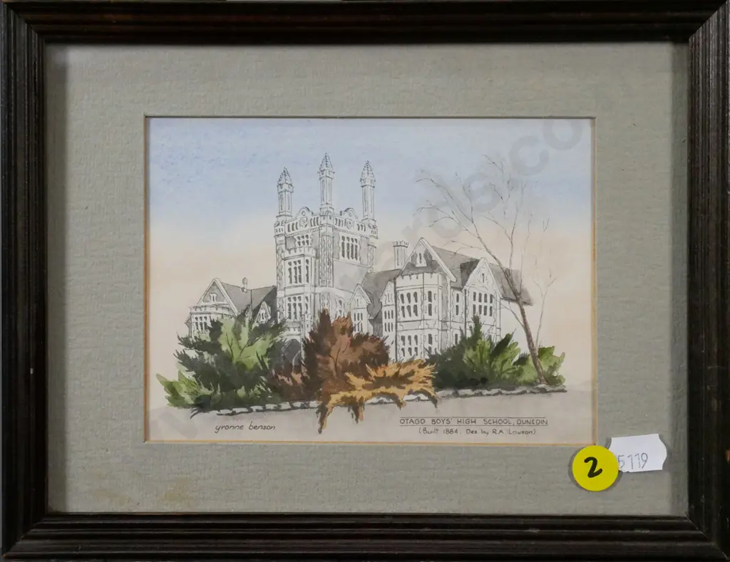 framed Yvonne Benson hand coloured print - Otago Boys H-100 W-130 Image 1++
