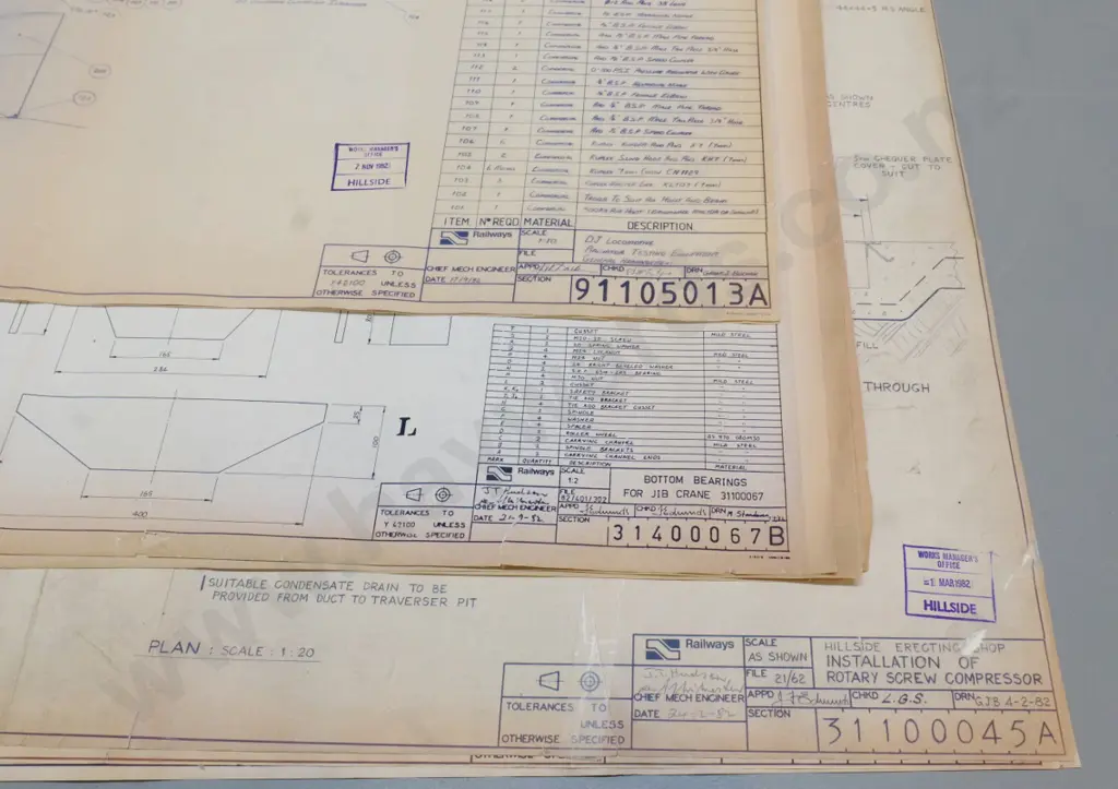 14 large 1980s Hillside workshop blueprint plans for jib crane, DJ radiator testing, rotary screw compressor Image 1++