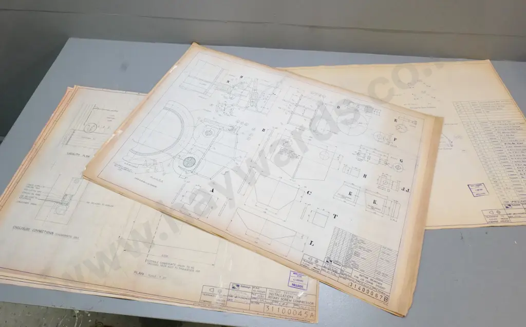 14 large 1980s Hillside workshop blueprint plans for jib crane, DJ radiator testing, rotary screw compressor Image 1++