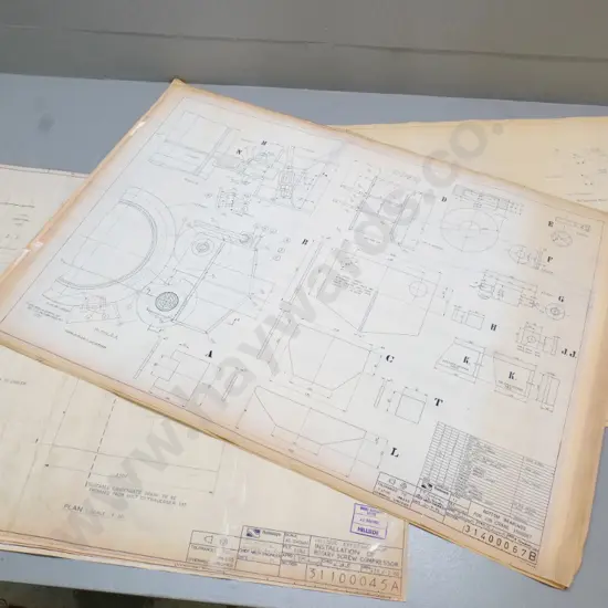 14 large 1980s Hillside workshop blueprint plans for jib crane, DJ radiator testing, rotary screw compressor