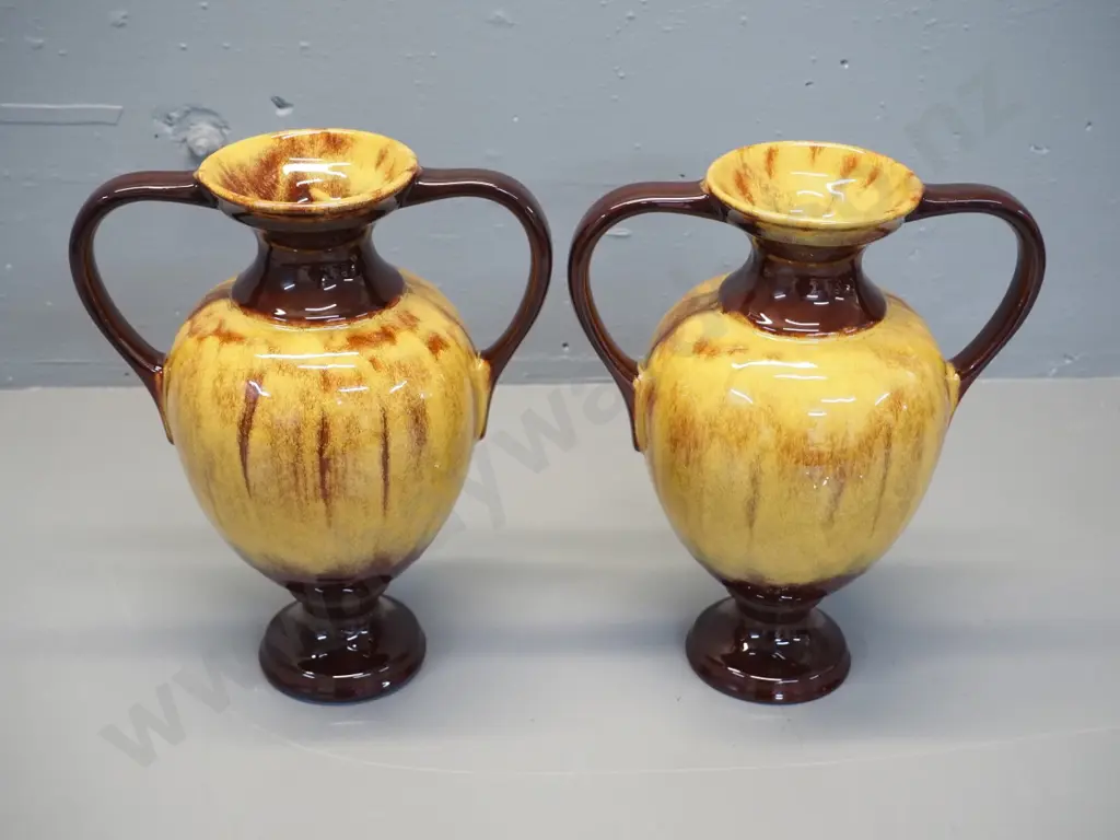 pair of Blue Mountain pottery brown and gold double handled urn vases H-300 W-250 Image 1++