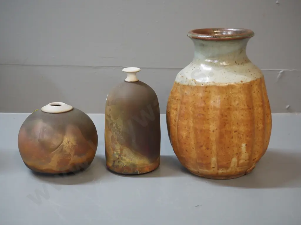 3 studio pottery vases - 2 raku fired and one other H-210 Image 1++
