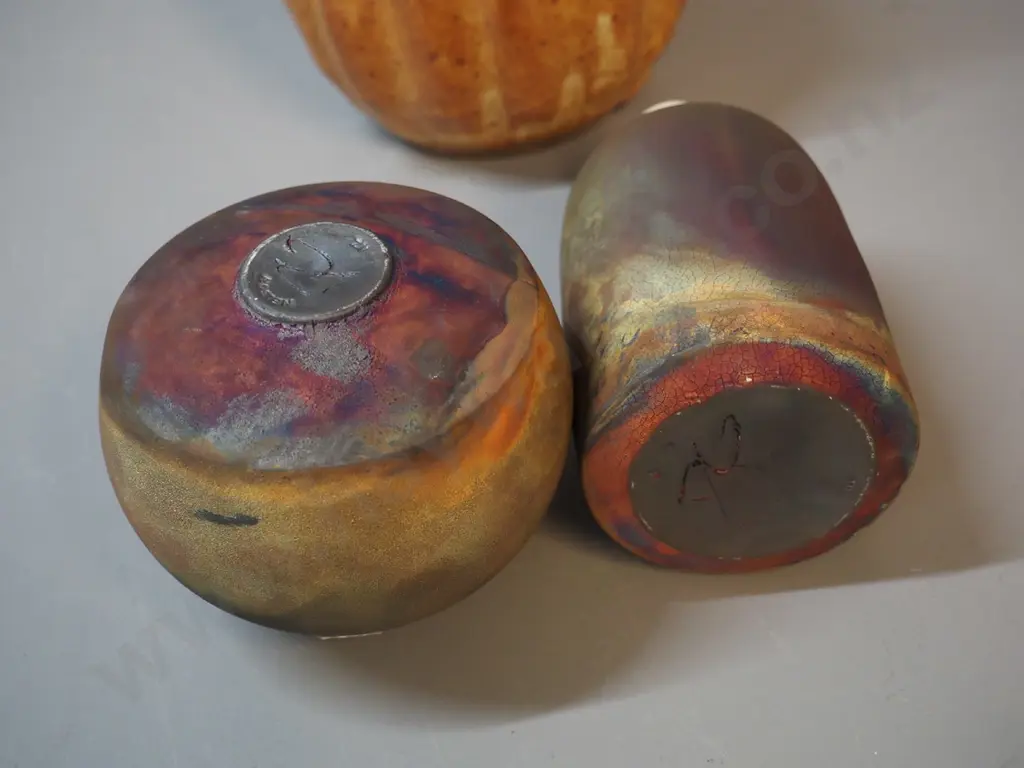 3 studio pottery vases - 2 raku fired and one other H-210 Image 1++