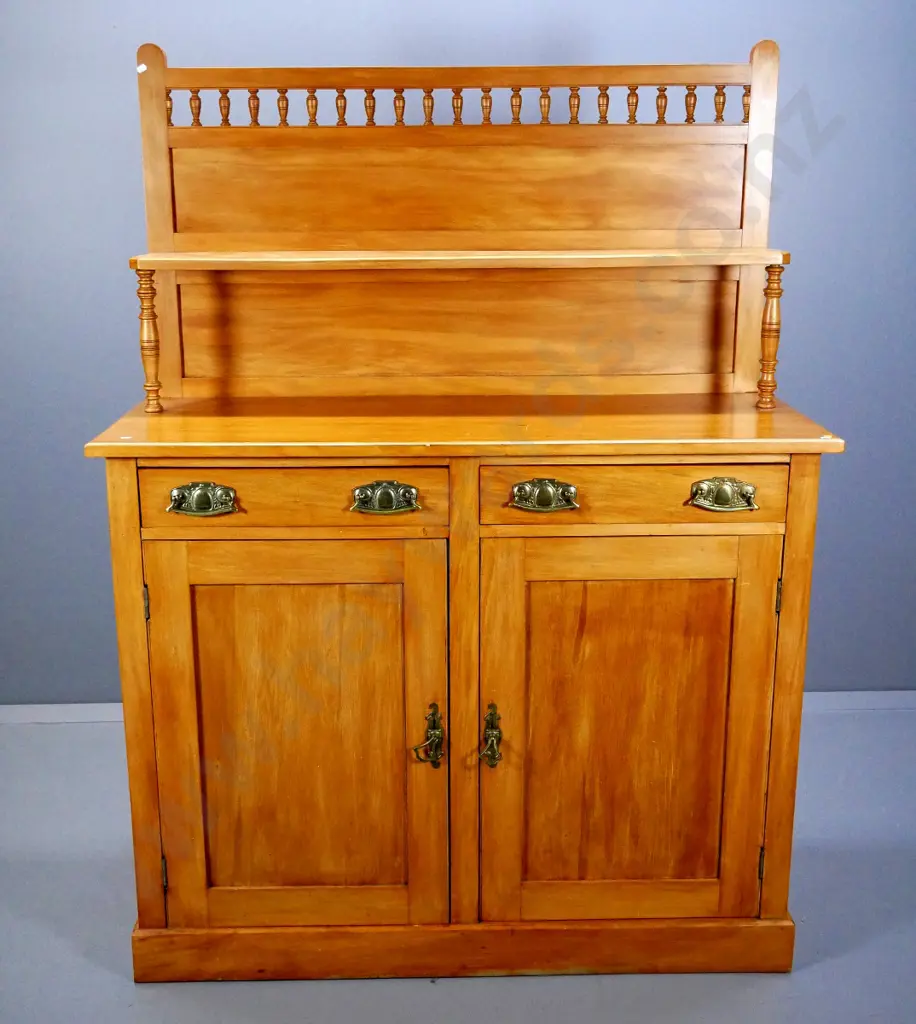 deco kauri sideboard w/ turned spindle pediment & shelf, 2 door, 2 drawer, brass handles, split on end H1650 W1220 D470 Image 1++