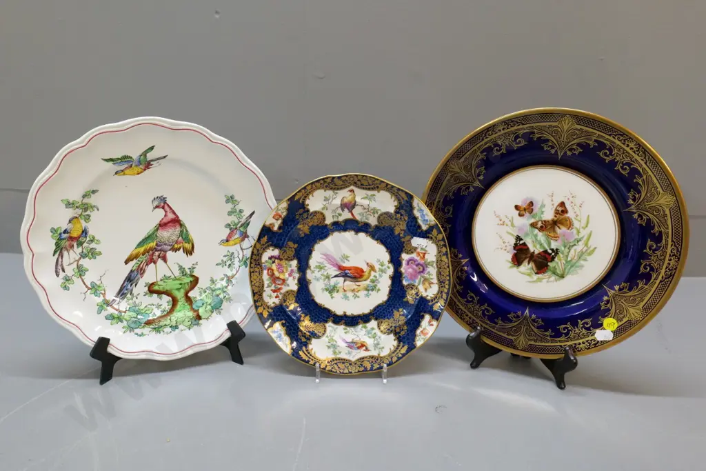 3 cabinet plates - Caverswell butterflies, Copland Chelsea bird and unmarked bird plate Image 1++