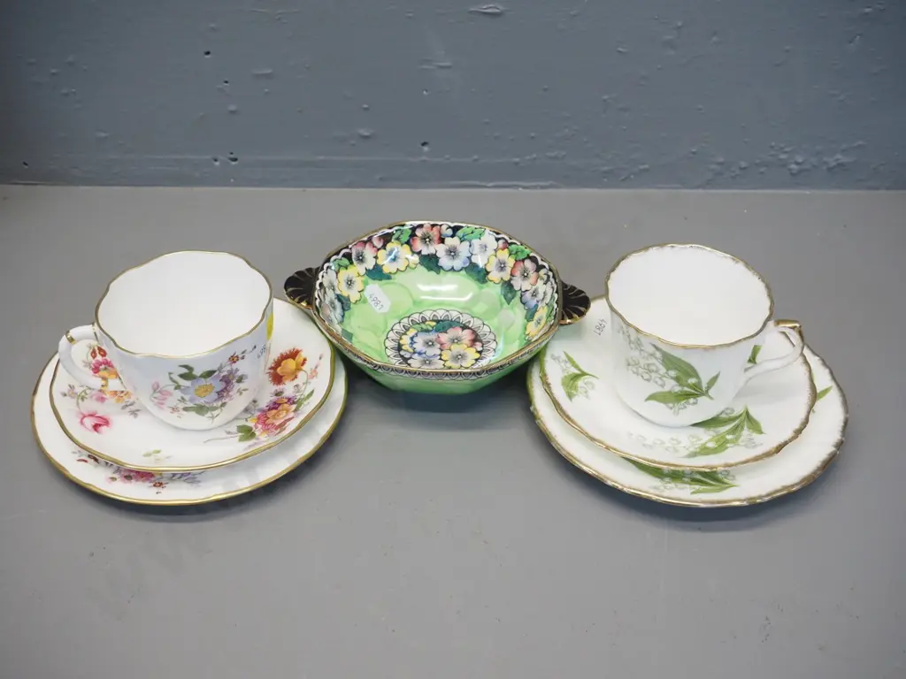 2 trios - Derby Posies and Old Royal Lily of the Valley - and a Maling green thumbprint dish Image 1++