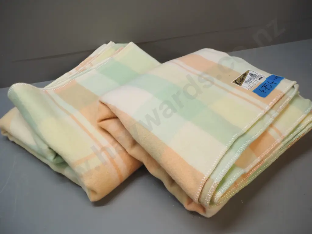 pair of Onehunga Princess all-wool check blankets - one with label, one without Image 1++