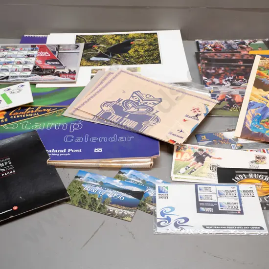 large collection of New Zealand postage stamp sheets, collector packs, first day covers etc. including Super 12 rugby