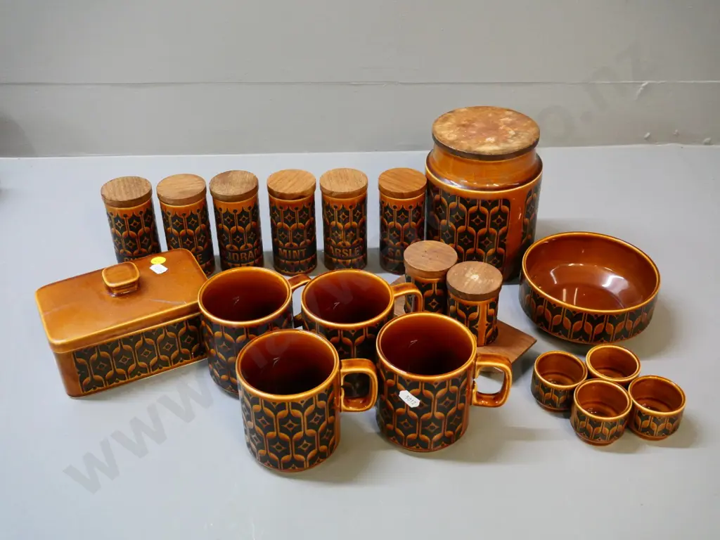 retro Hornsea Heirloom tableware - 4 coffee mugs, spice jars, etc. Butter cover dish has crack, marks to wood lids Image 1++
