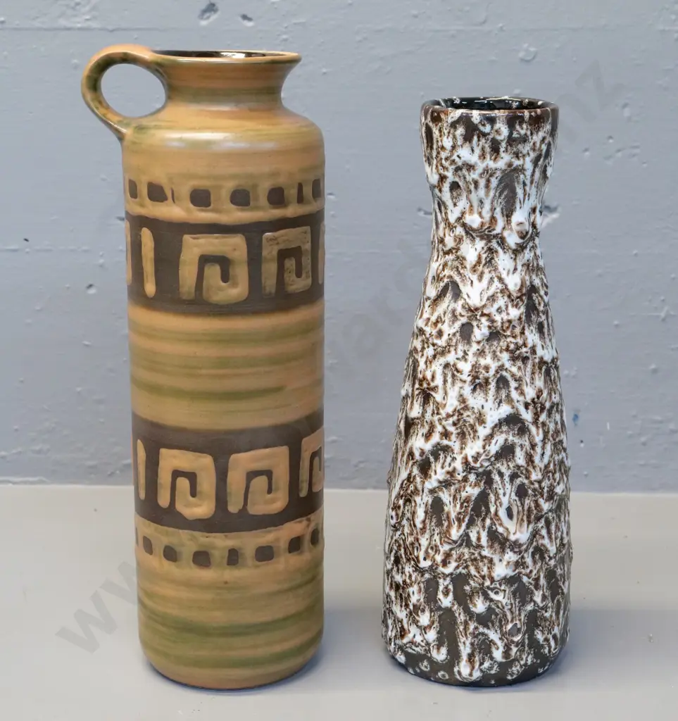 2 German pottery vases - mottled white and brown, taller geometric is H-300 Image 1++