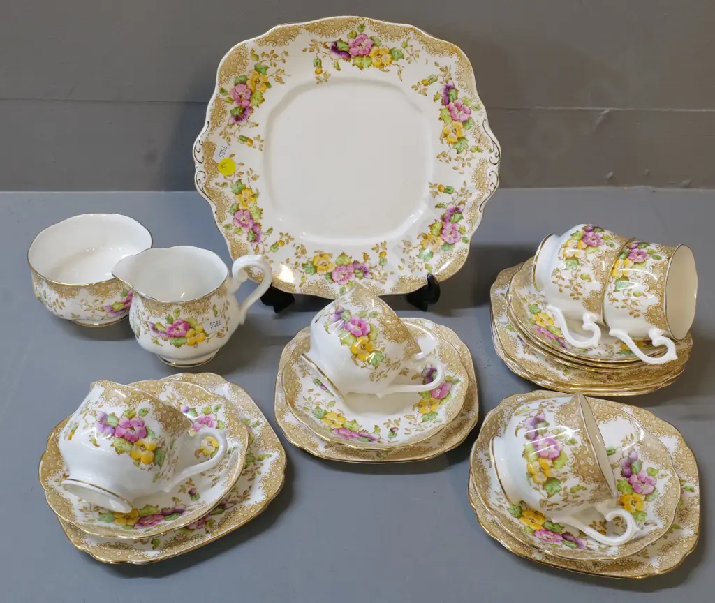 Royal Albert floral tea set - cake plate, cream & sugar, 6 plates and saucers, only 5 cups Image 1++