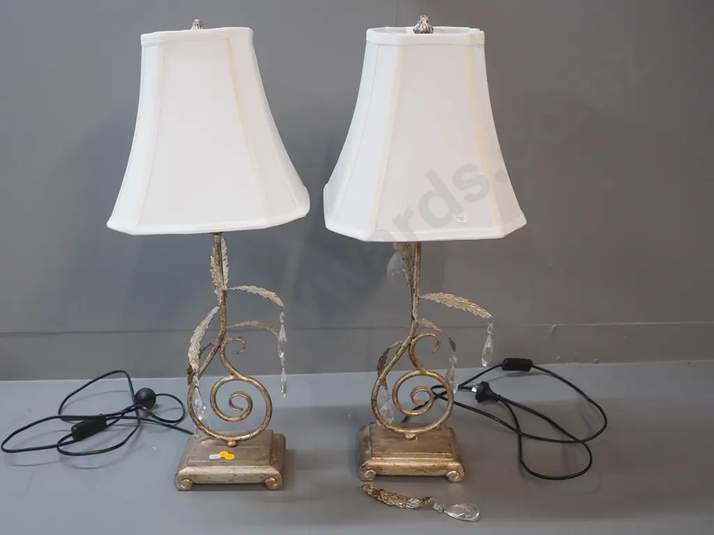 pair of ornate composite and metal based lamps with leaf & glass drop decoration - one leaf broken off H670 Image 1++