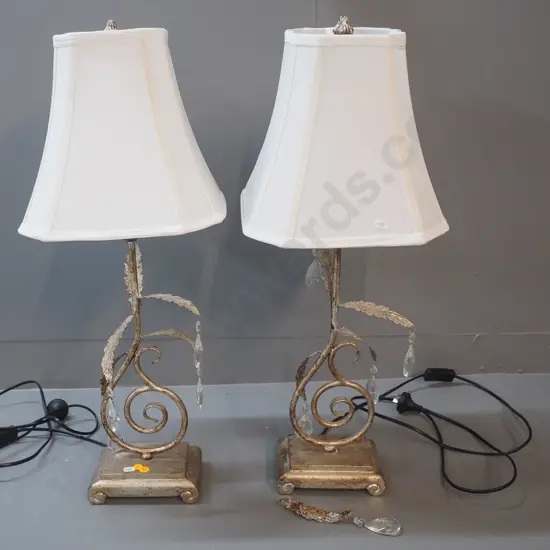 pair of ornate composite and metal based lamps with leaf & glass drop decoration - one leaf broken off H670