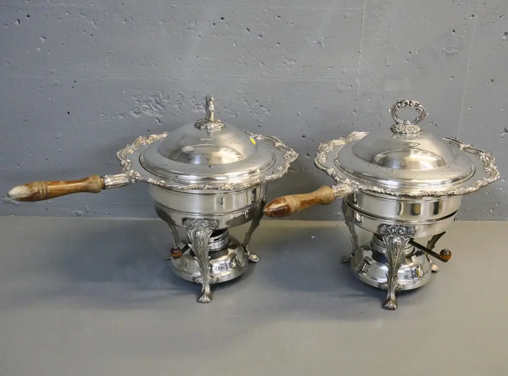 2 silver plated lidded serving dishes with wooden handles on spirit burner bases - polish loss to wood H340 W500 Image 1++