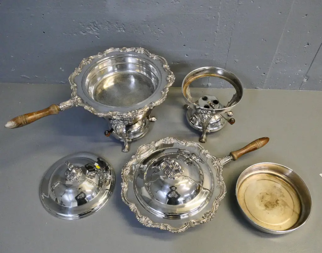 2 silver plated lidded serving dishes with wooden handles on spirit burner bases - polish loss to wood H340 W500 Image 1++