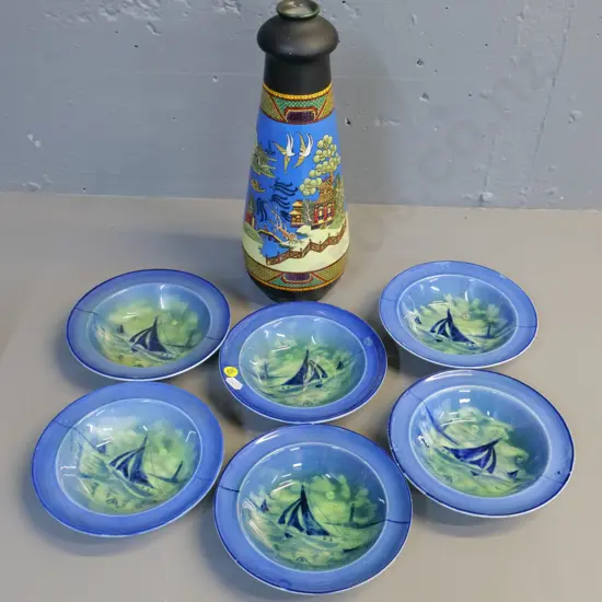 set of 6 Empire Ware Midnight Sails dessert bowls & an English Asian-pattern vase with unreadable mark H-330