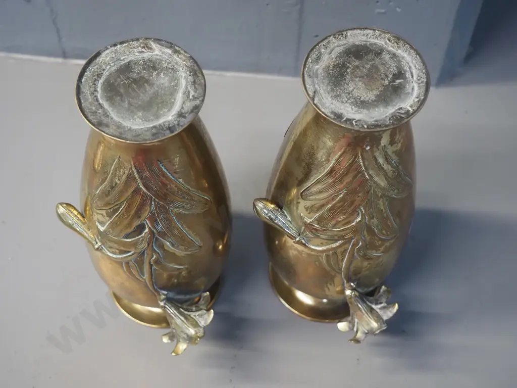 pair of (Chinese?) brass floral relief vases - one lily repaired, a bit wobbly H-240 W-110 Image 1++