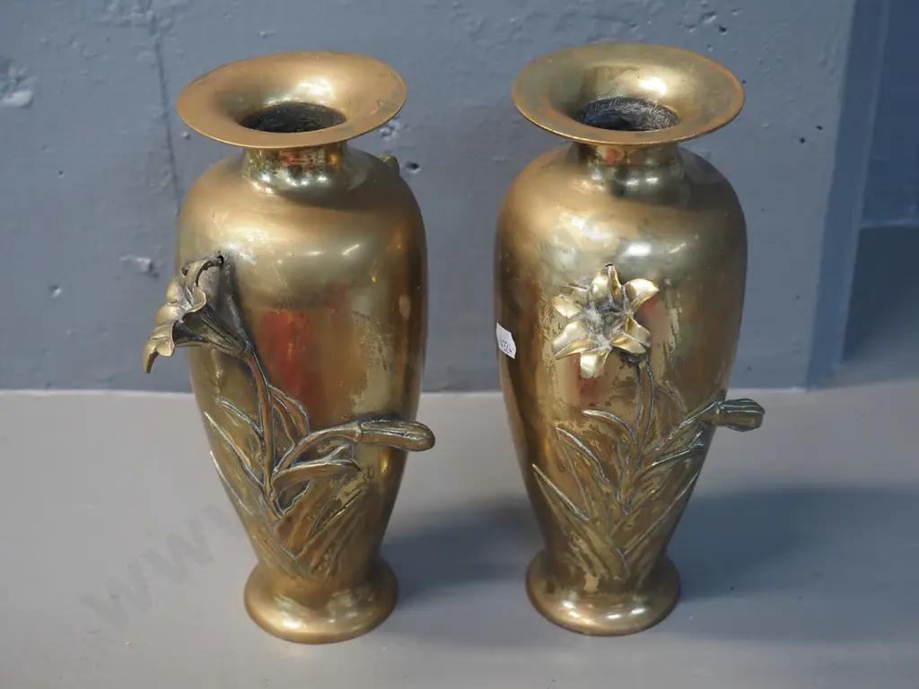 pair of (Chinese?) brass floral relief vases - one lily repaired, a bit wobbly H-240 W-110 Image 1++