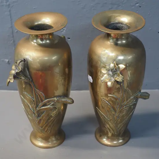 pair of (Chinese?) brass floral relief vases - one lily repaired, a bit wobbly H-240 W-110