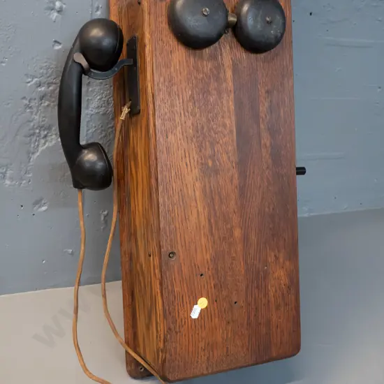 vintage oak-cased wall mount hand-crank telephone H570 W240 D140