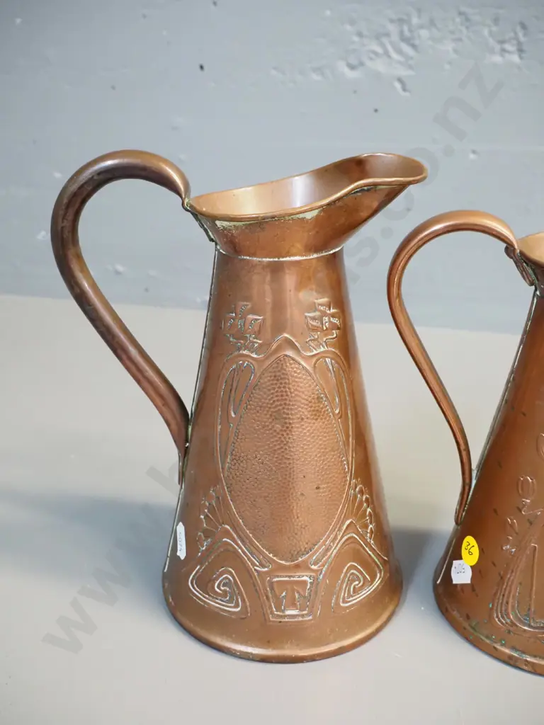 two copper jugs with art nouveau style raised patterns - taller is H-220 Image 1++