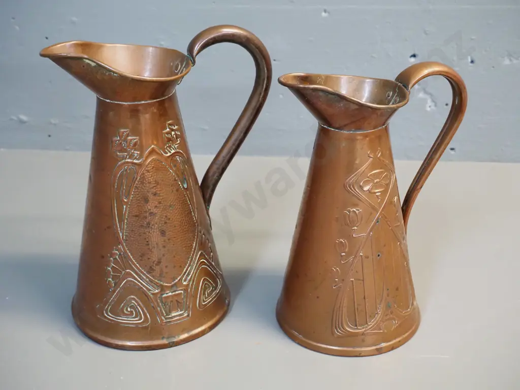 two copper jugs with art nouveau style raised patterns - taller is H-220 Image 1++