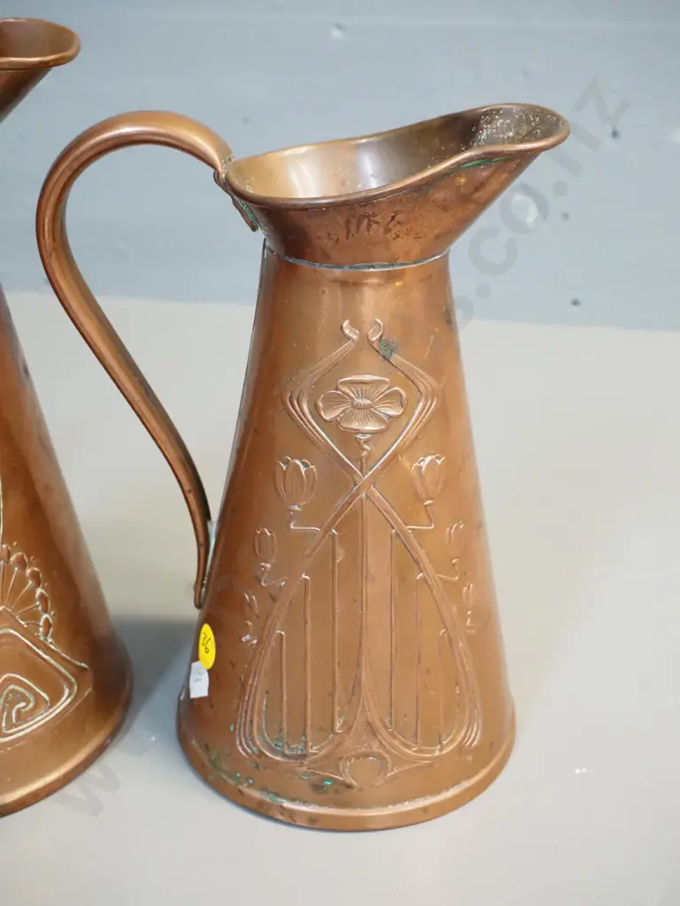 two copper jugs with art nouveau style raised patterns - taller is H-220 Image 1++