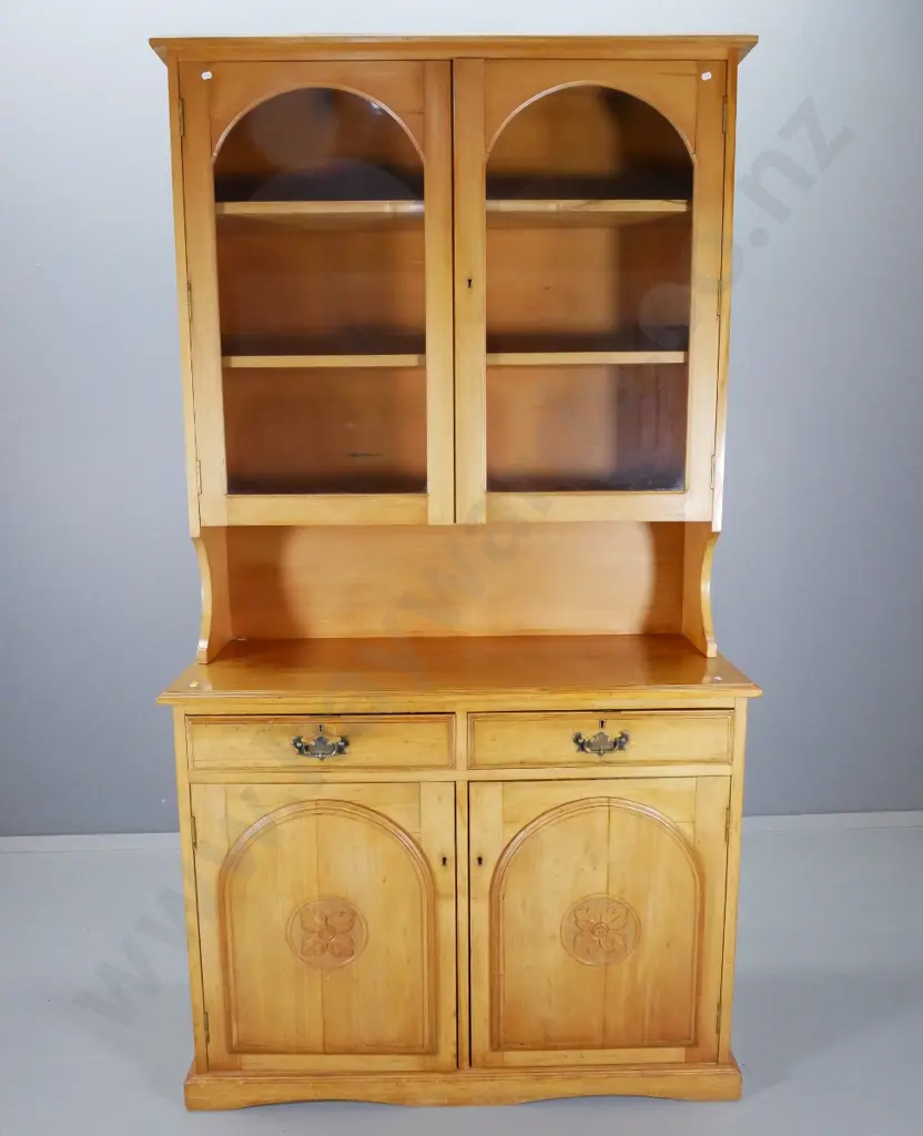 vintage rimu dresser with arch panel doors, 2 glazed and 2 carved, 2 drawers, some splitting H2200 W1100 D440 Image 1++