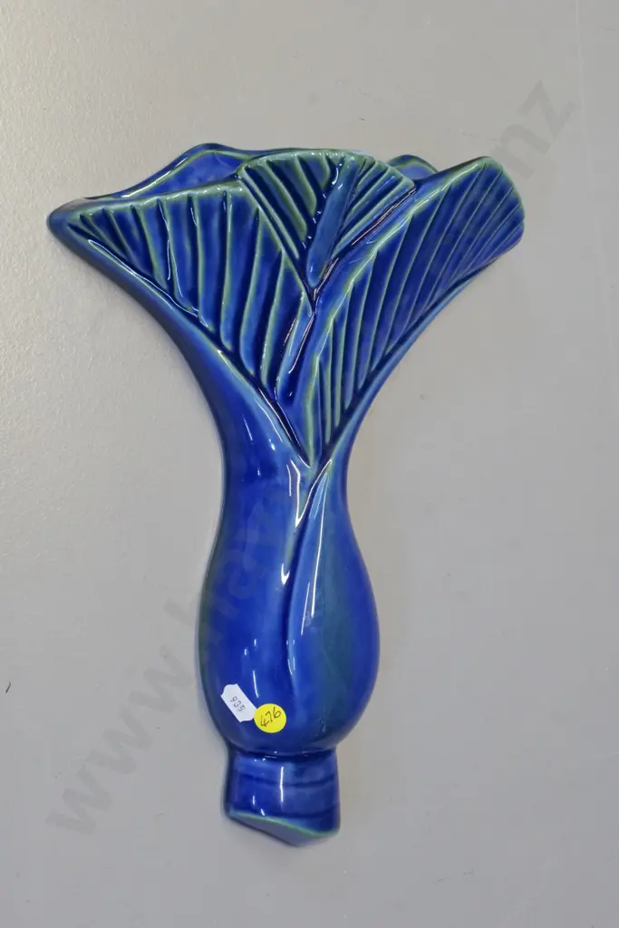 blue & green glazed pottery nikau palm motif wall pocket vase marked "NZ" on back H-300 W-240 Image 1++