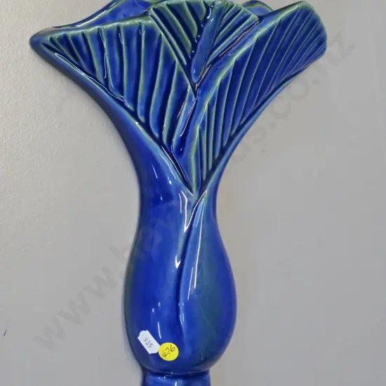 blue & green glazed pottery nikau palm motif wall pocket vase marked "NZ" on back H-300 W-240