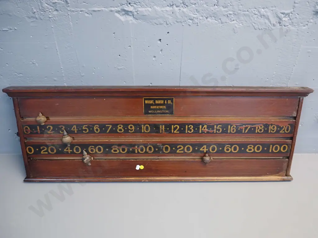 vintage wooden billiard scorer marked Wright Ranish & Co Wellington - some wear, one scorer hard to move H-340 W-930 Image 1++
