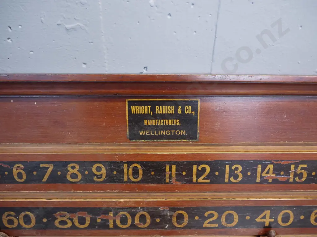 vintage wooden billiard scorer marked Wright Ranish & Co Wellington - some wear, one scorer hard to move H-340 W-930 Image 1++